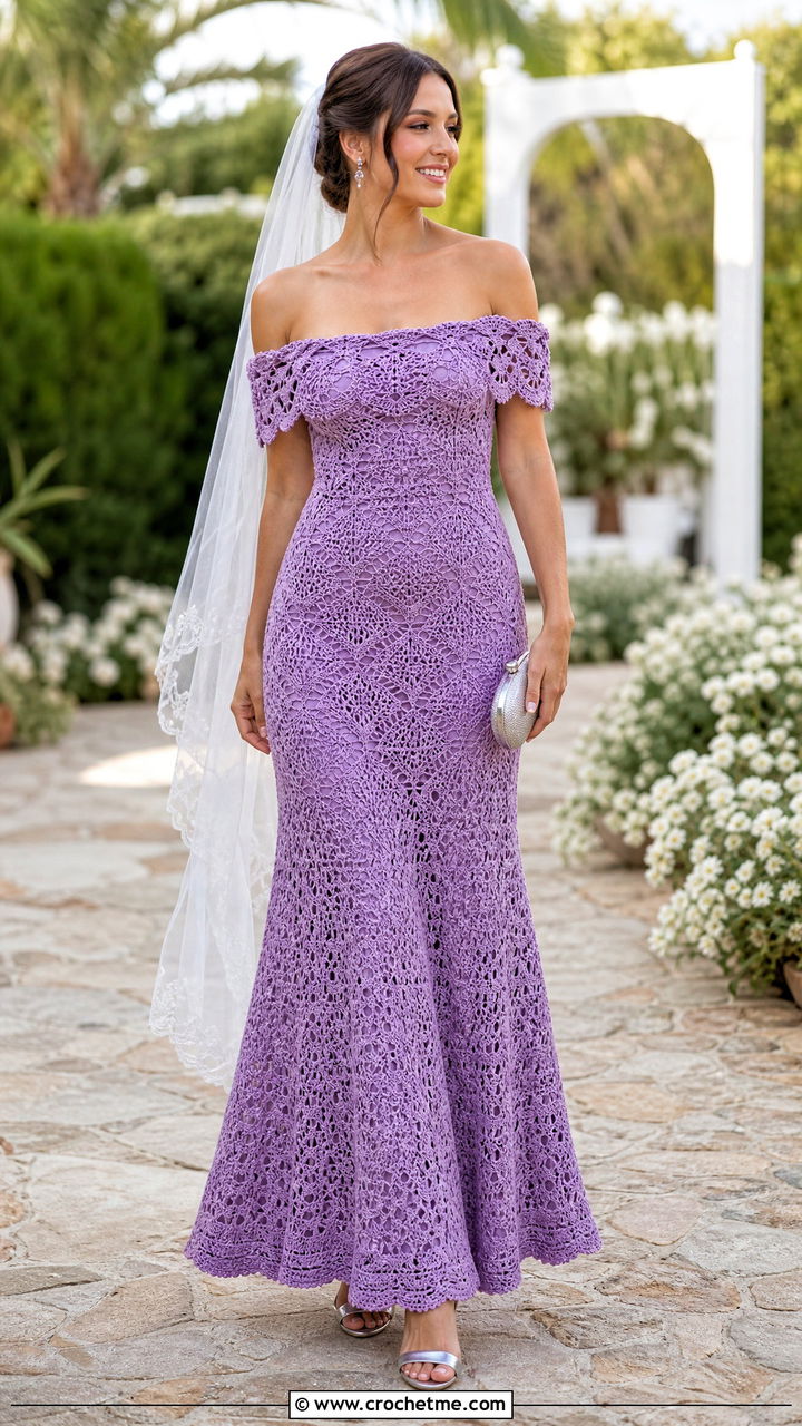 Off Shoulder Crochet Wedding Dress With Block Heels - 35 crochet wedding dresses outfit ideas
