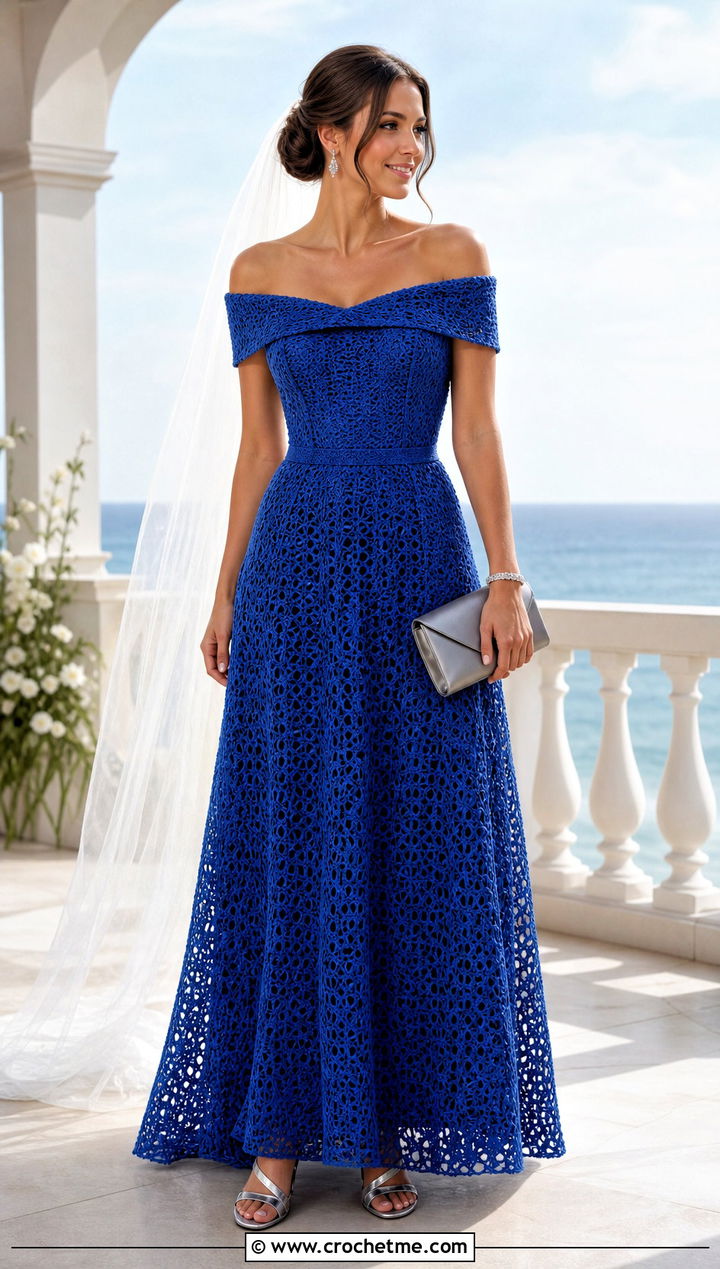 Off Shoulder Crochet Wedding Gown With Strappy Sandals - 30 crochet wedding dress gowns outfit ideas