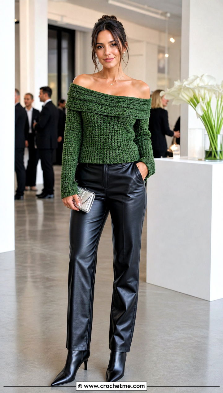Off Shoulder Crochet Wool Top With Leather Trousers - 35 crochet wool top outfit ideas