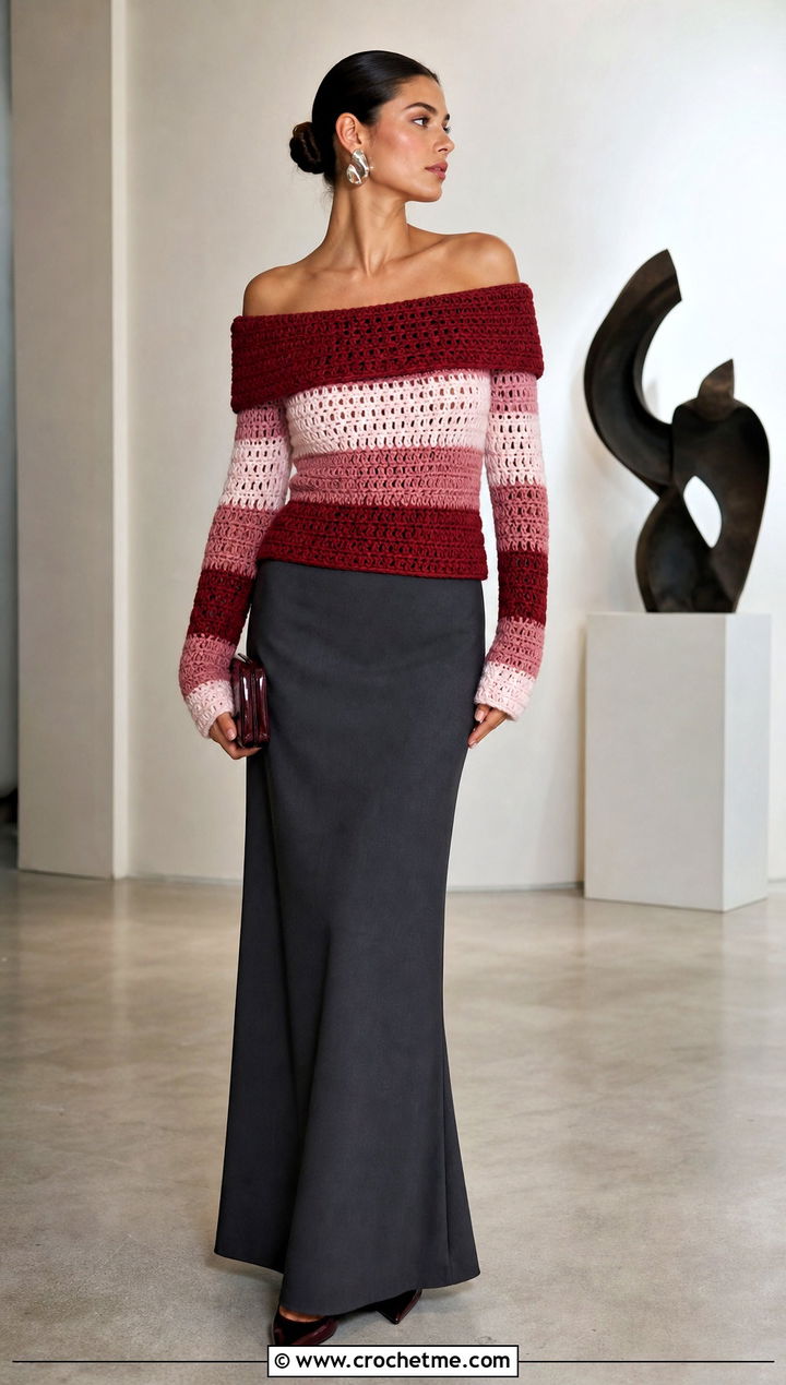 Off Shoulder Crocheted Striped Sweater With Tailored Maxi Skirt - 20 Crocheted Striped Sweater outfit ideas