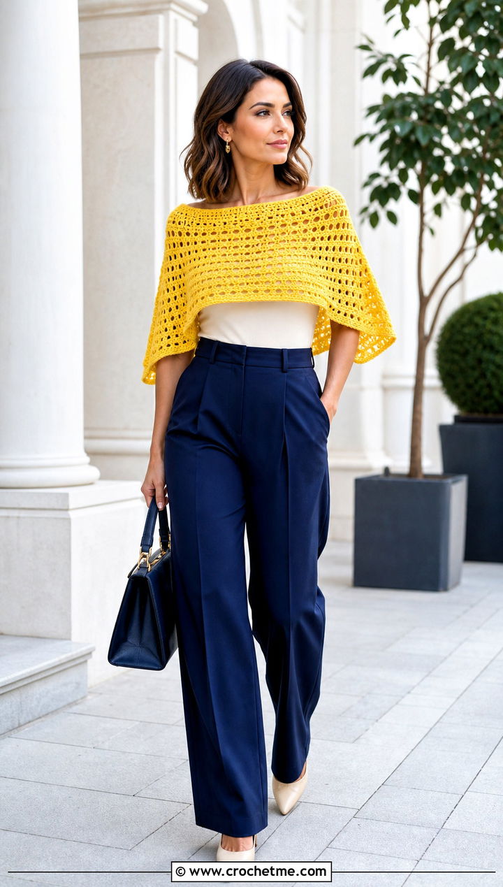 Off Shoulder Cropped Crochet Poncho With Pleated Trousers - 20 Cropped Crochet Poncho outfit ideas
