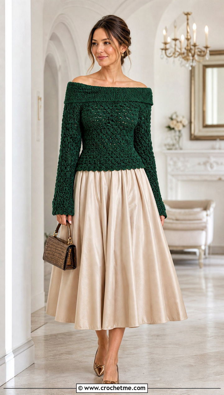 Off Shoulder DK Weight Crochet Sweater With Full Midi Skirt - 25 Dk Weight Crochet Sweater outfit ideas