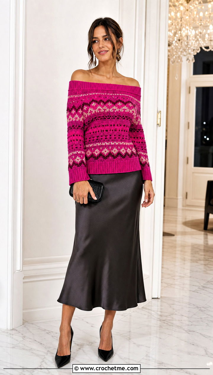 Off Shoulder Fair Isle Crochet Sweater With Bias Midi Skirt - 25 fair isle crochet sweater outfit ideas