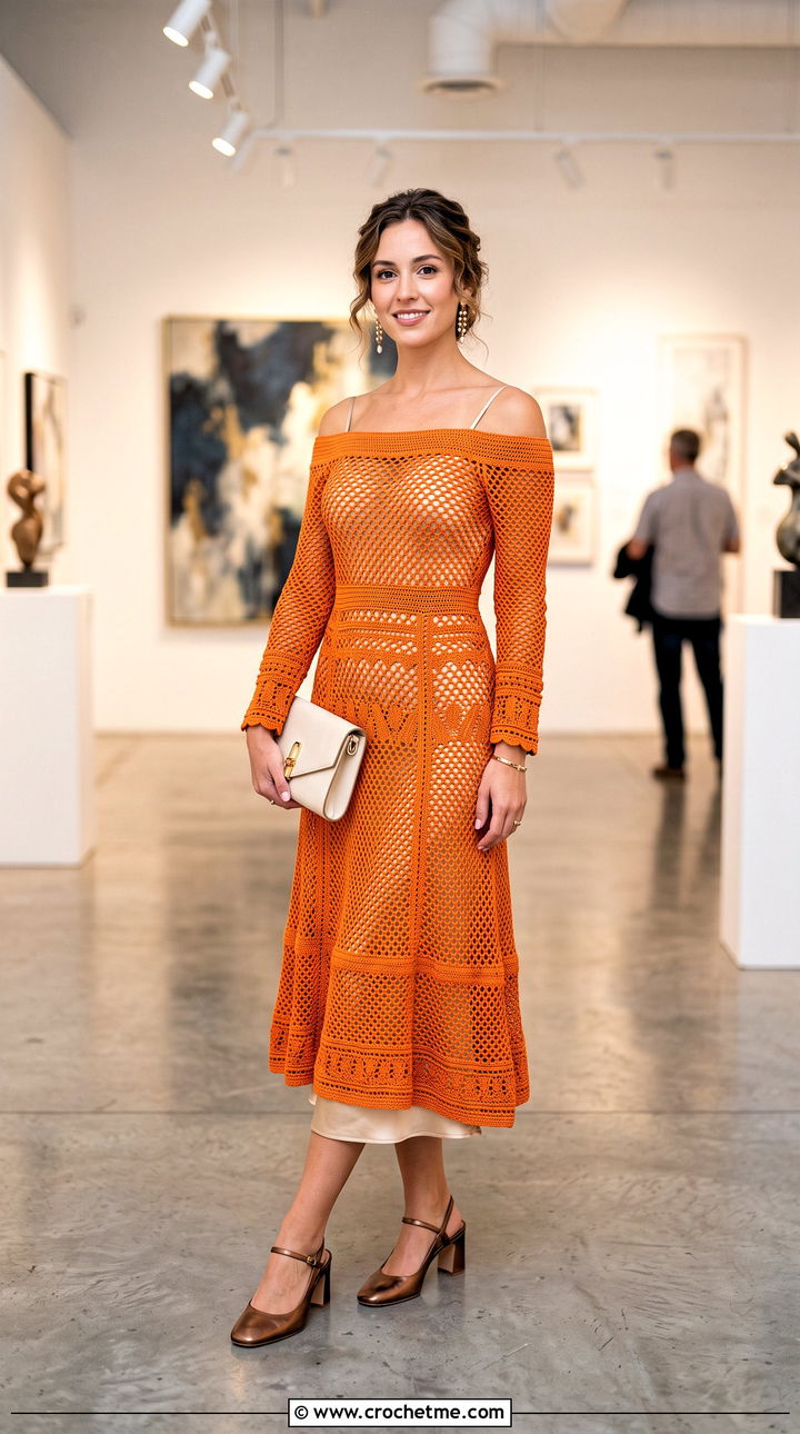 Off Shoulder Fishnet Crochet Midi Dress With Satin Slip - 25 Fishnet Crochet Dress outfit ideas