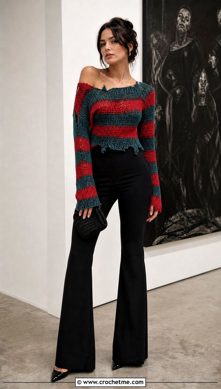 Off Shoulder Freddy Krueger Sweater With Black Trousers - 30 crochet freddy krueger sweater outfit ideas