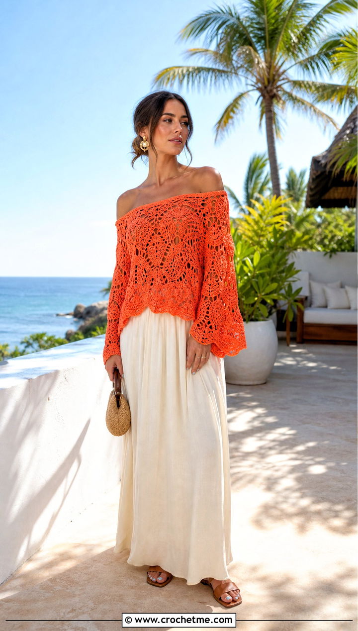 Off Shoulder Freeform Crochet Sweater With Maxi Skirt - 30 freeform crochet sweater outfit ideas