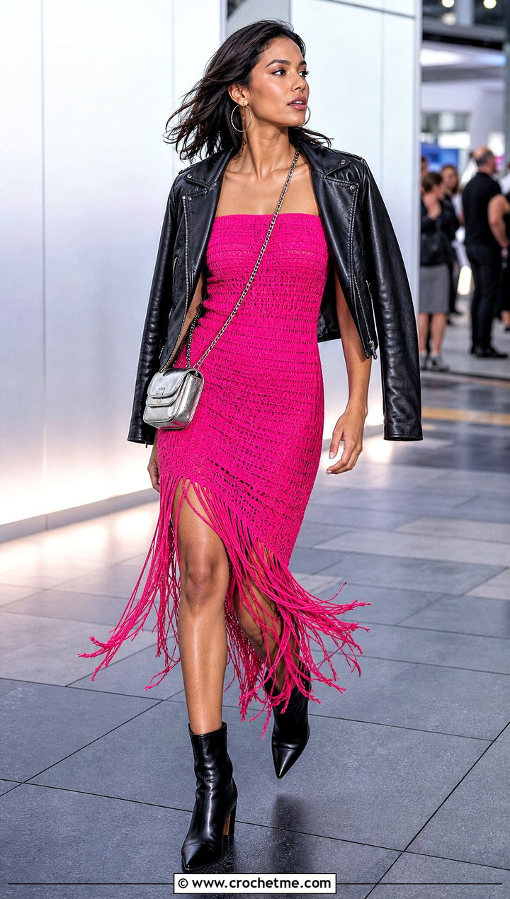 Off Shoulder Fringe Crochet Dress With Leather Jacket - 25 Off Shoulder Crochet Dress outfit ideas