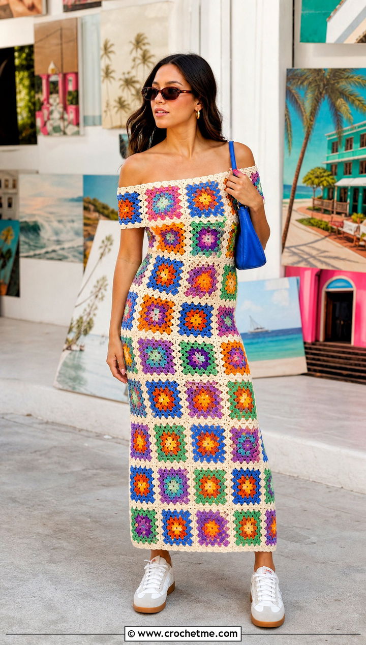 Off Shoulder Granny Square Crochet Dress With Sneakers - 25 Off Shoulder Crochet Dress outfit ideas