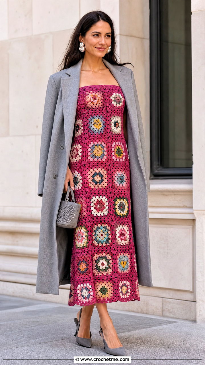 Off Shoulder Granny Square Dress With Tailored Coat And Slingbacks - 35 granny square dress outfit ideas