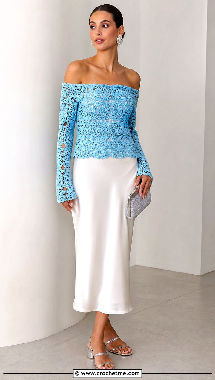 Off Shoulder Granny Square Long Sleeve Top With Column Skirt - 20 Granny Square Long Sleeve Top outfit ideas
