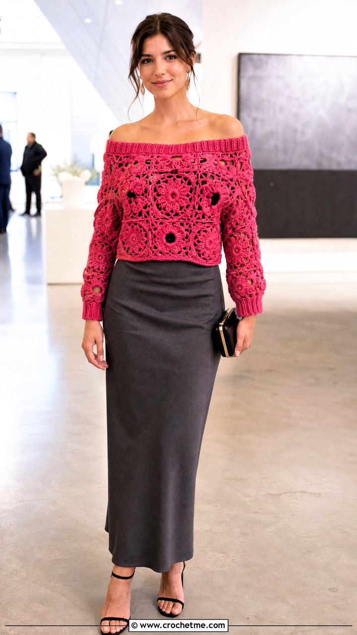 Off Shoulder Granny Square Sweater With Column Skirt - 35 4 Granny Square Sweater outfit ideas