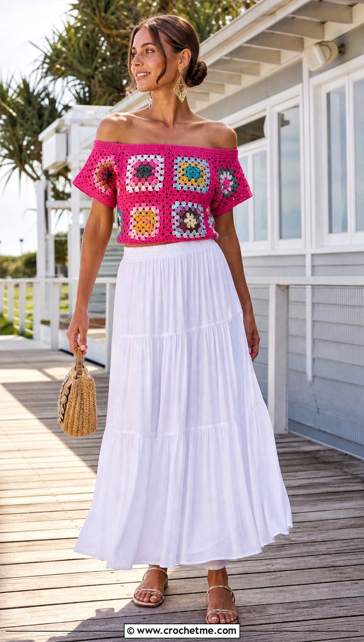 Off Shoulder Granny Square Top With Maxi Skirt - 25 Square Crochet Top outfit ideas
