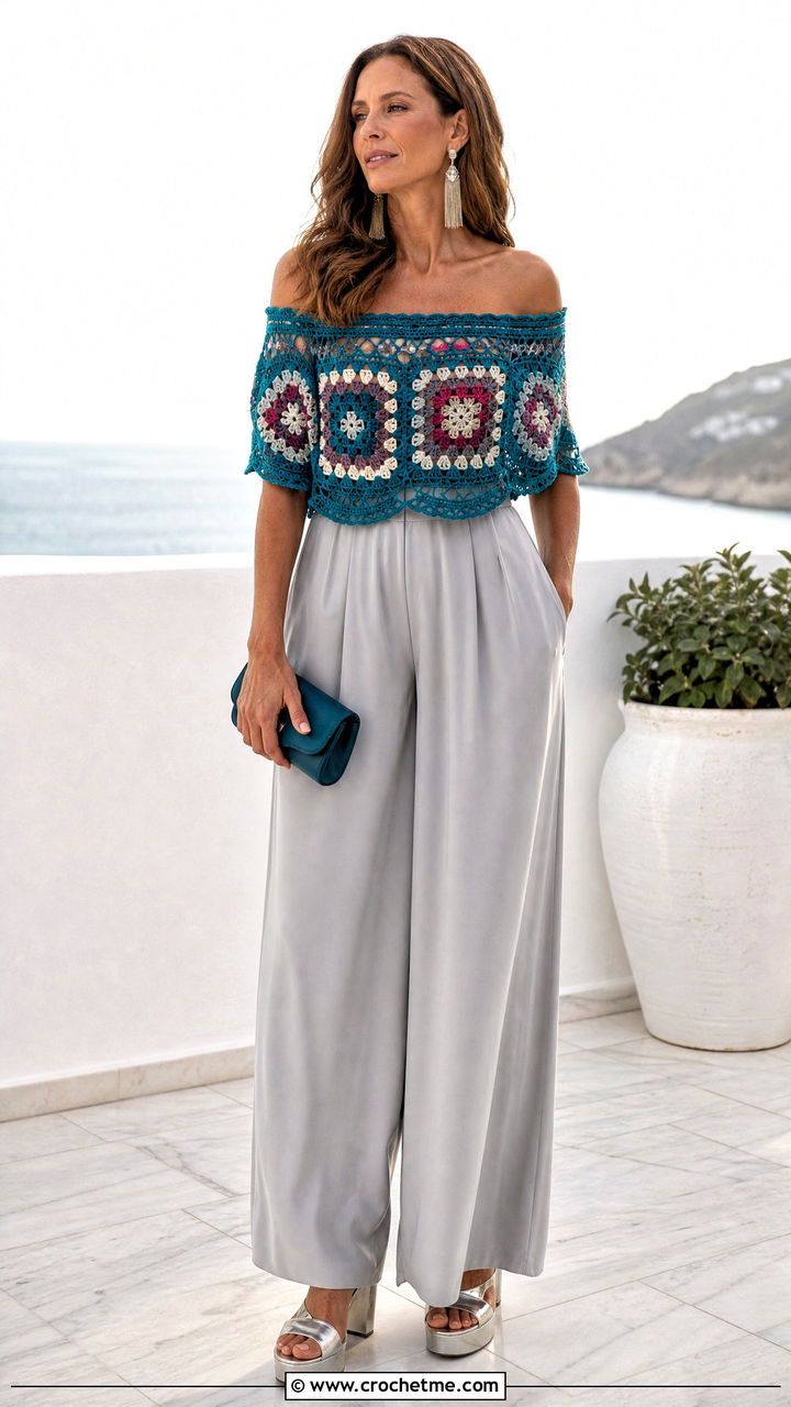 Off Shoulder Granny Square Top With Palazzo Pants - 35 crochet granny square top outfit ideas