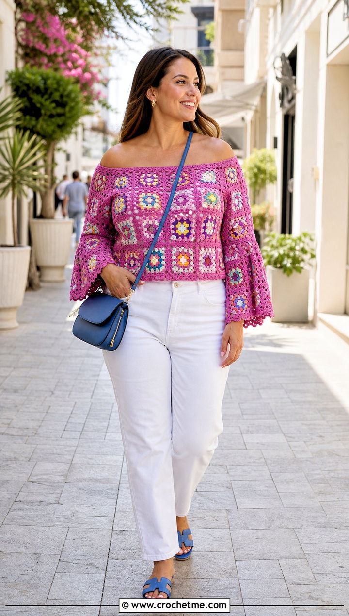 Off Shoulder Granny Square Top With White Jeans - 30 crochet summer tops granny squares outfit ideas