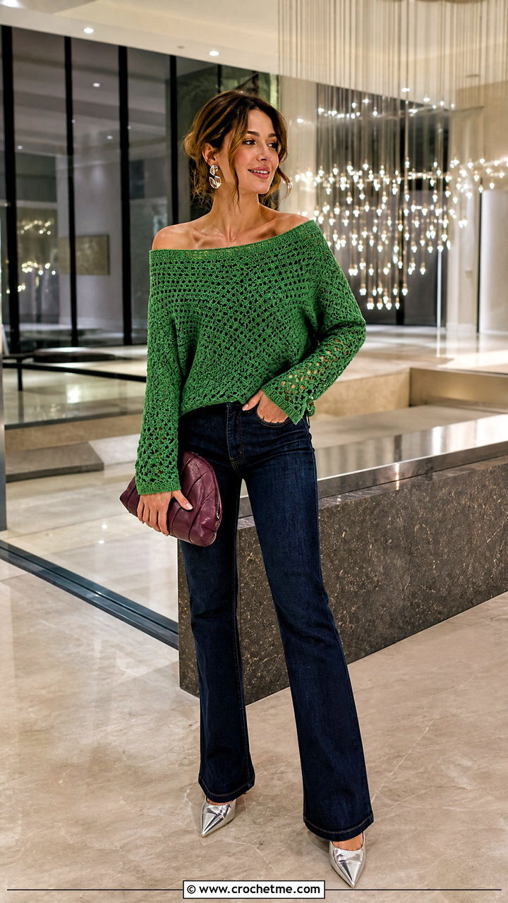 Off Shoulder Green Crochet Sweater With Dark Jeans - 35 green crochet sweater outfit ideas