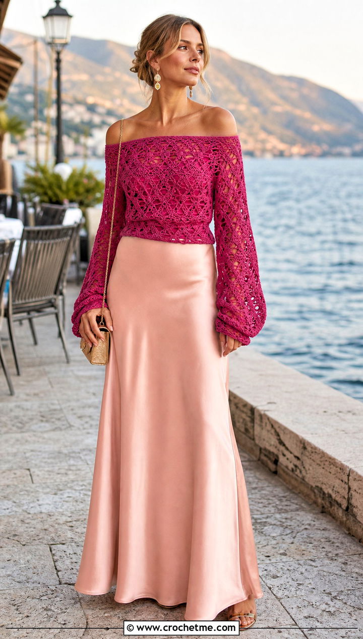 Off Shoulder Hollow Out Crochet Sweater With Maxi Skirt - 25 Hollow Out Crochet Sweater outfit ideas
