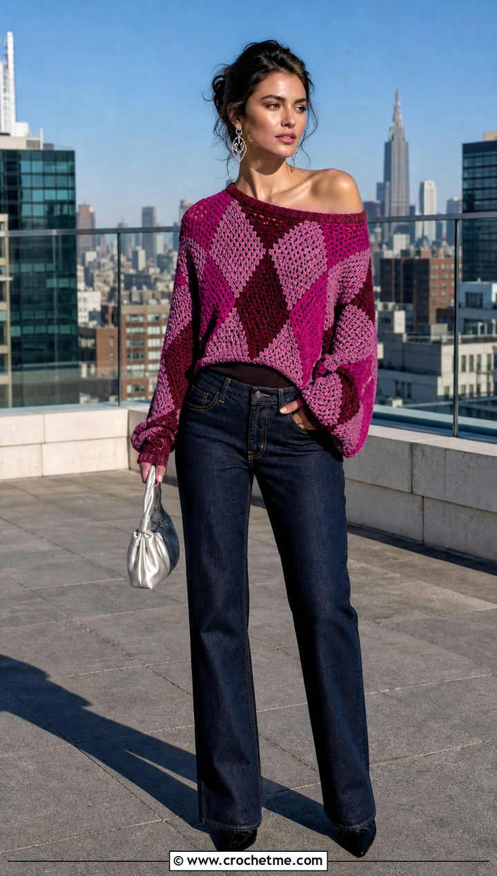 Off Shoulder Howls Crochet Sweater With Dark Jeans - 25 Howls Crochet Sweater outfit ideas
