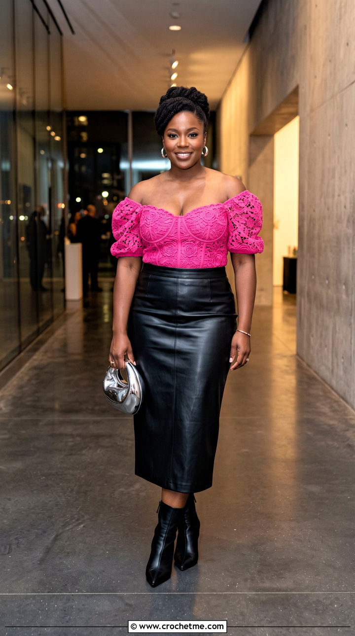 Off Shoulder Lace Milkmaid Crochet Top With Leather Midi Skirt - 25 milkmaid crochet top outfit ideas