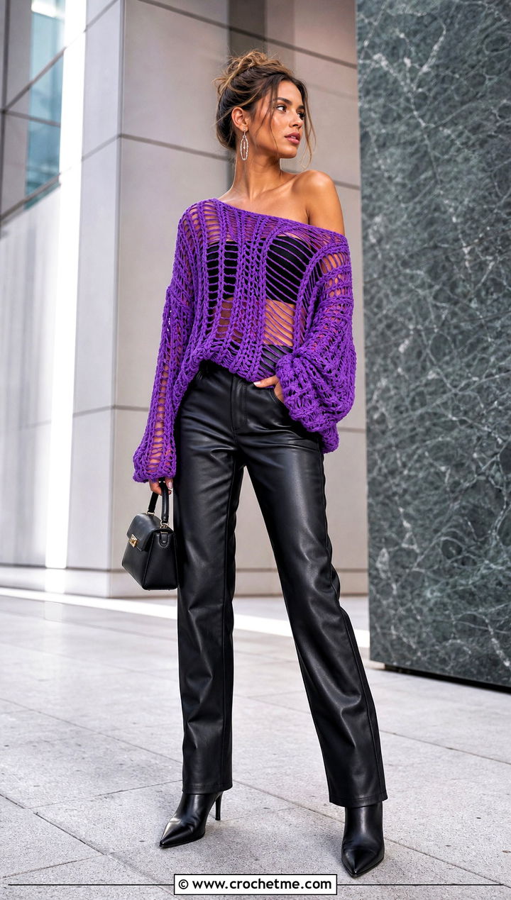 Off Shoulder Ladder Stitch Crochet Grunge Sweater With Leather Pants - 30 crochet grunge sweater outfit ideas