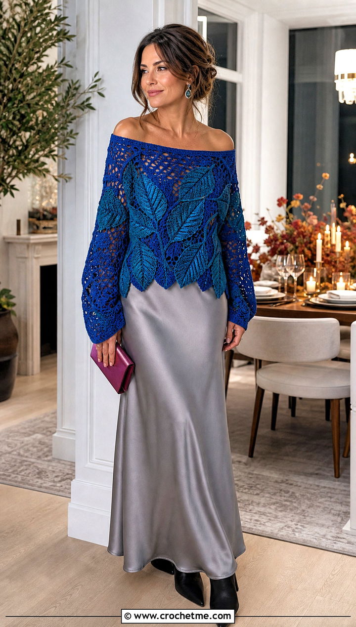 Off Shoulder Leaf Crochet Sweater With Satin Maxi Skirt - 25 Crochet Thanksgiving Sweater outfit ideas