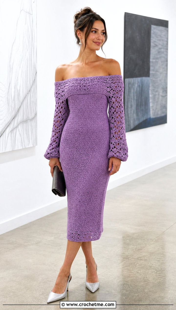 Off Shoulder Long Sleeve Crochet Sweater Dress With Slingback Heels - 25 long sleeve crochet sweater dress outfit ideas