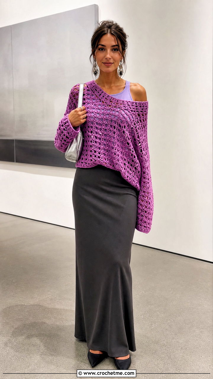 Off Shoulder Loose Crochet Sweater With Column Skirt - 35 crochet loose sweater outfit ideas