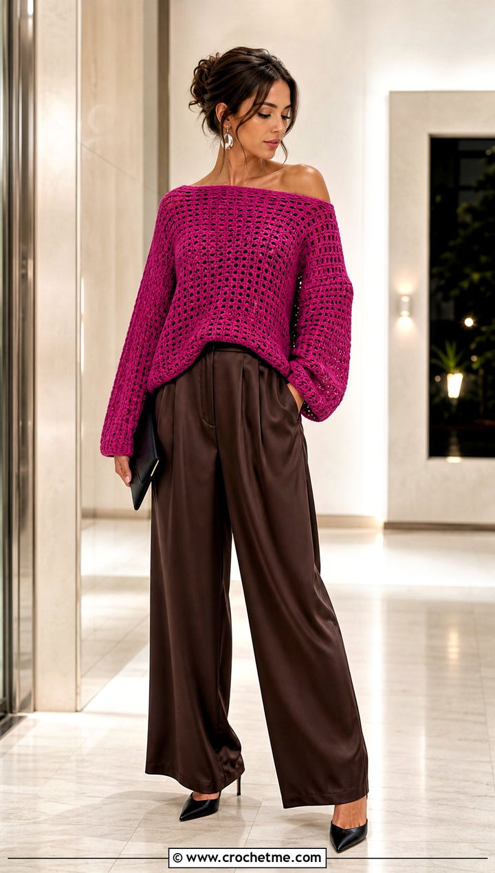 Off Shoulder Loose Crochet Sweater With Satin Trousers - 30 loose crochet sweater outfit ideas