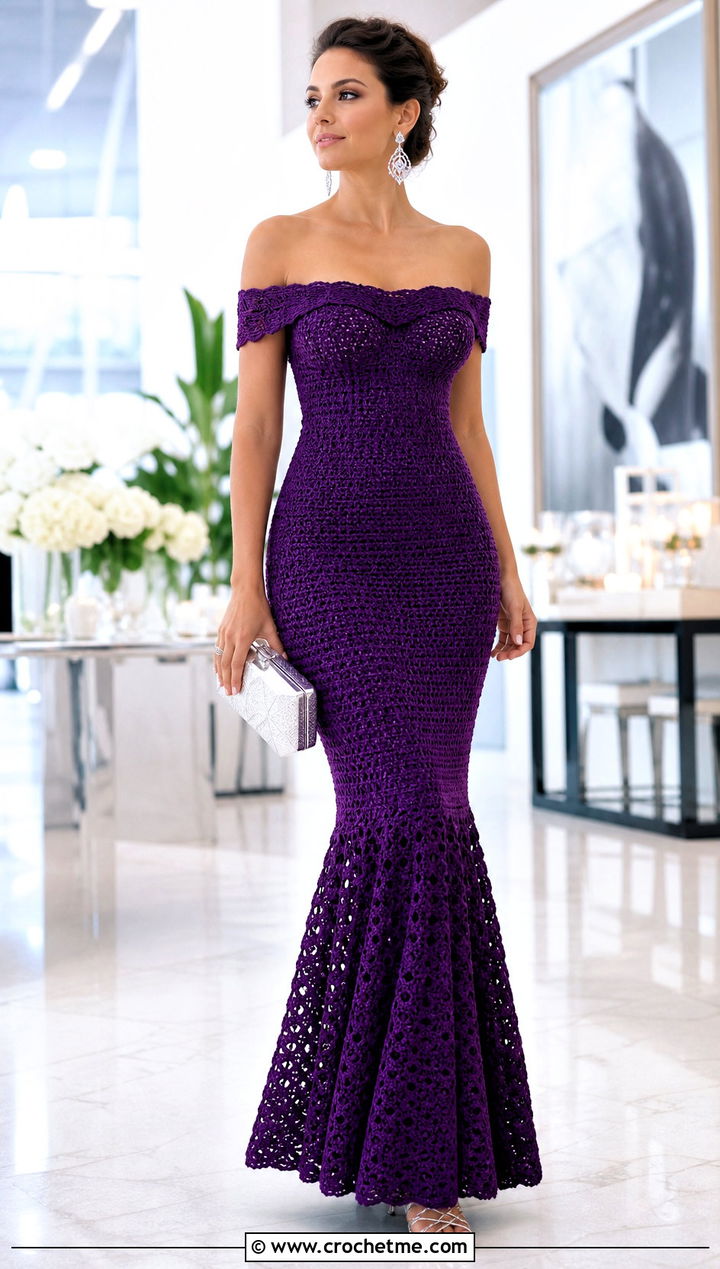 Off Shoulder Mermaid Crochet Dress With Metallic Sandals - 25 Off Shoulder Crochet Dress outfit ideas