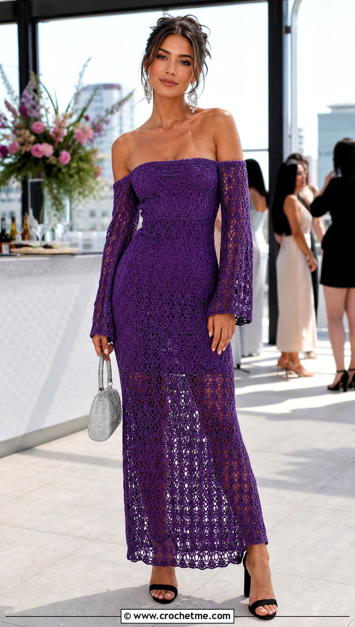Off Shoulder Mesh Crochet Maxi Dress With Block Heels - 30 mesh crochet dress outfit ideas
