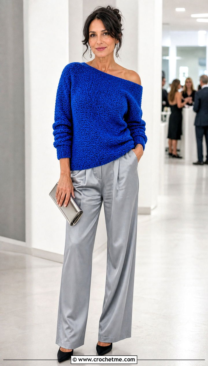 Off Shoulder Moss Stitch Crochet Sweater With Satin Trousers - 25 Moss Stitch Crochet Sweater outfit ideas