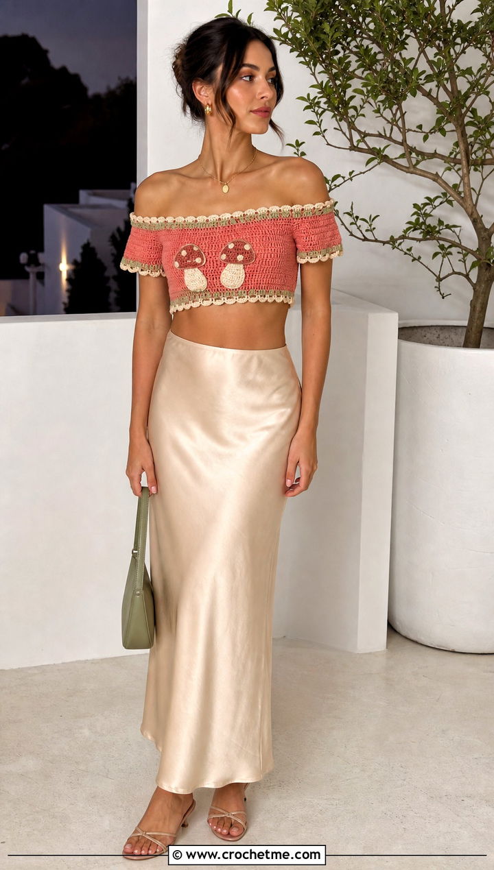 Off Shoulder Mushroom Crop Top With Slip Skirt - 15 Crochet Mushroom Crop Top outfit ideas