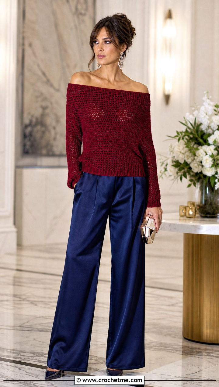 Off Shoulder One Panel Crochet Sweater With Satin Trousers - 30 One Panel Crochet Sweater outfit ideas