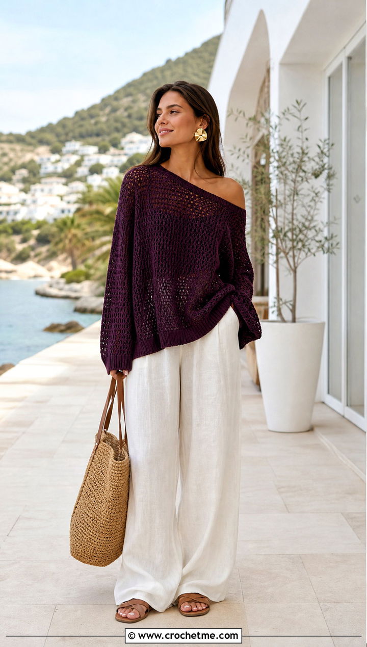 Off Shoulder Oversized Crochet Jumper With Wide Leg Linen Pants - 25 oversized crochet jumper outfit ideas