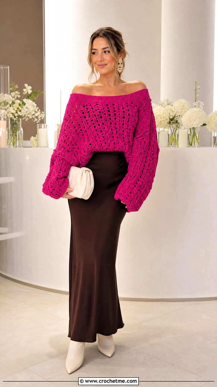 Off Shoulder Oversized Crochet Sweater With Column Skirt - 35 oversized crochet sweater outfit ideas