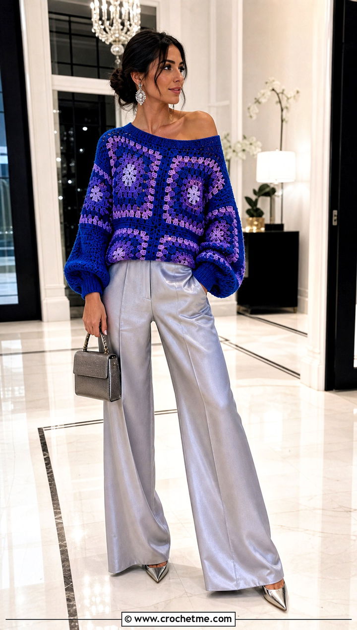 Off Shoulder Oversized Granny Square Sweater With Satin Pants - 30 oversized granny square sweater outfit ideas