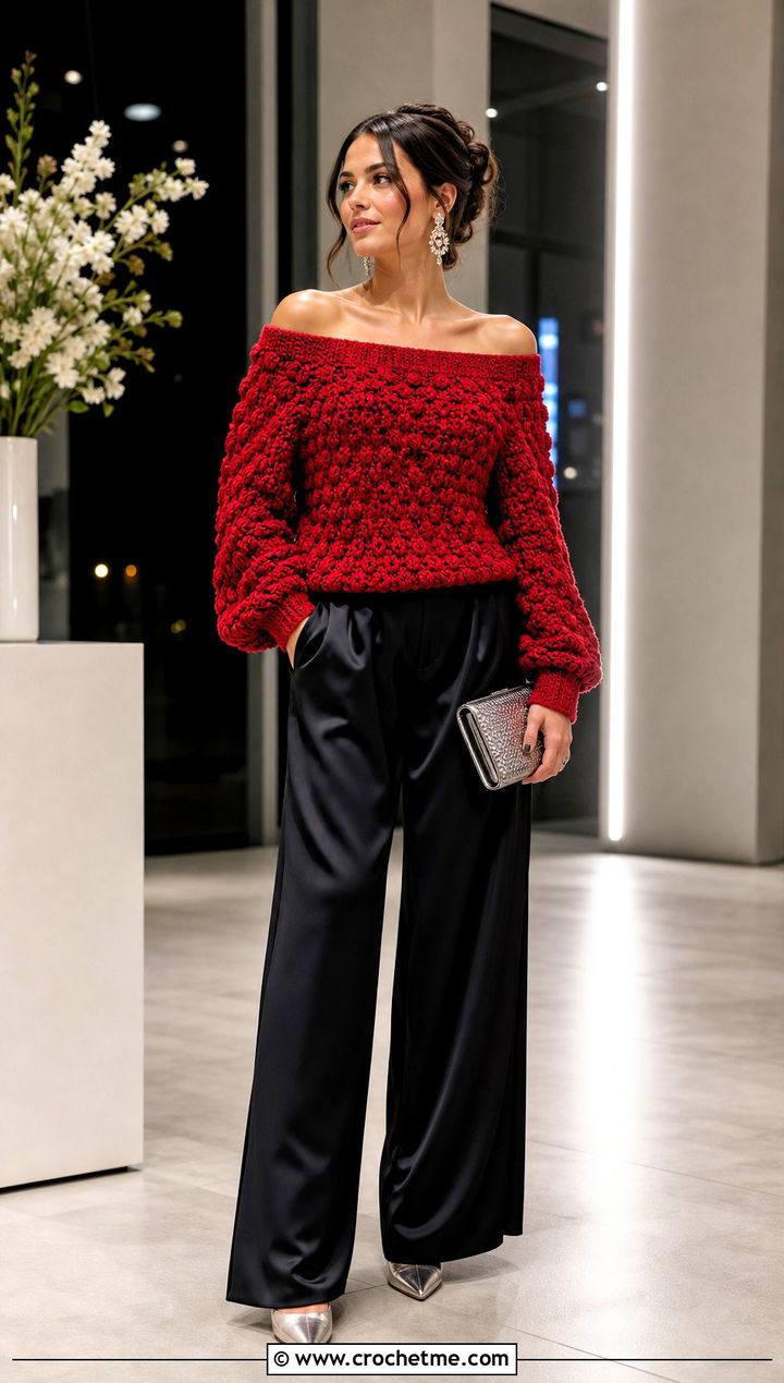 Off Shoulder Puff Stitch Sweater With Satin Trousers - 20 Crochet Puff Stitch Sweater outfit ideas