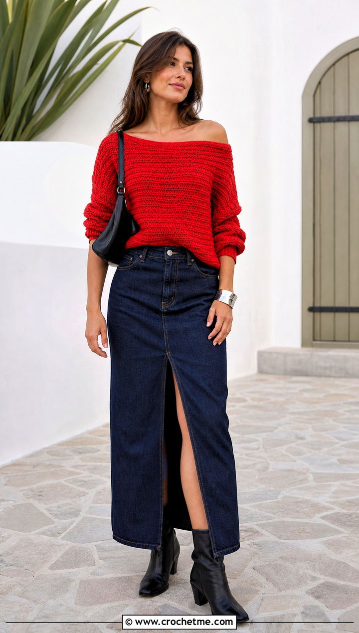 Off Shoulder Ribbed Crochet Sweater With Denim Maxi Skirt - 25 Ribbed Crochet Sweater outfit ideas