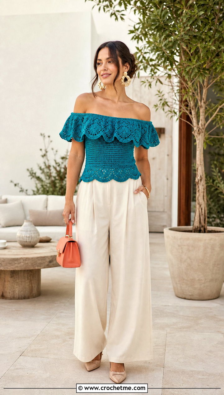 Off Shoulder Ruffled Crochet Top With Wide Leg Trousers - 25 ruffled crochet top outfit ideas