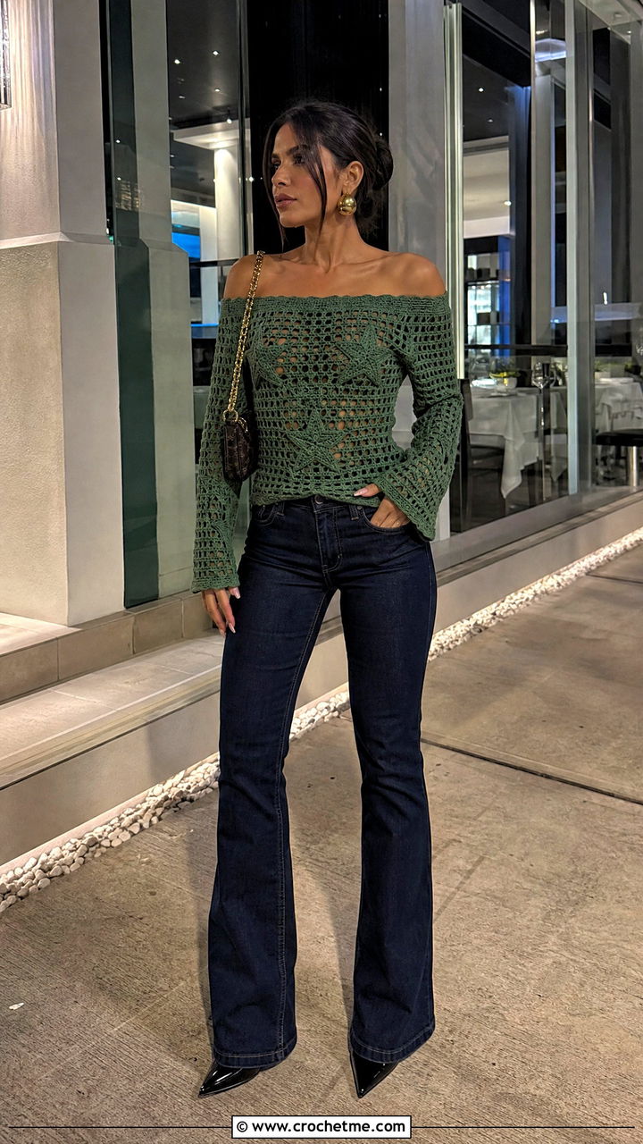 Off Shoulder Star Sweater With Dark Wash Jeans - 35 crochet star sweater outfit ideas