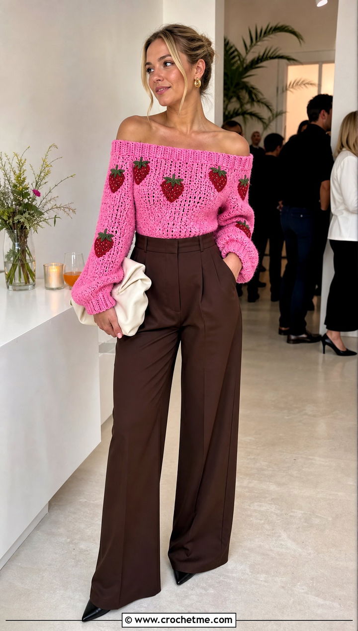 Off Shoulder Strawberry Crochet Sweater With Wide Leg Trousers - 15 Strawberry Crochet Sweater outfit ideas