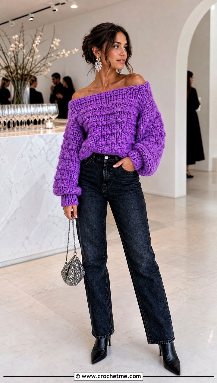 Off Shoulder Super Bulky Crochet Sweater With High Waisted Jeans - 25 Super Bulky Crochet Sweater outfit ideas