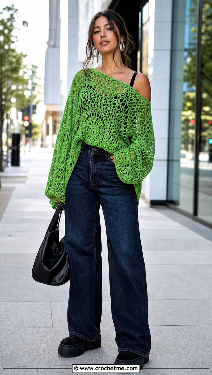 Off Shoulder Super Slouchy Crochet Sweater With Wide Leg Jeans - 15 Super Slouchy Crochet Sweater outfit ideas