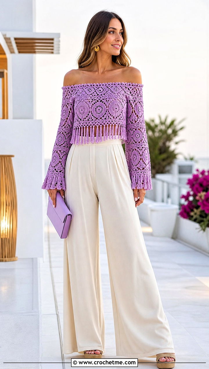 Off Shoulder Tassel Crochet Top With Palazzo Pants - 25 crochet top with tassels outfit ideas