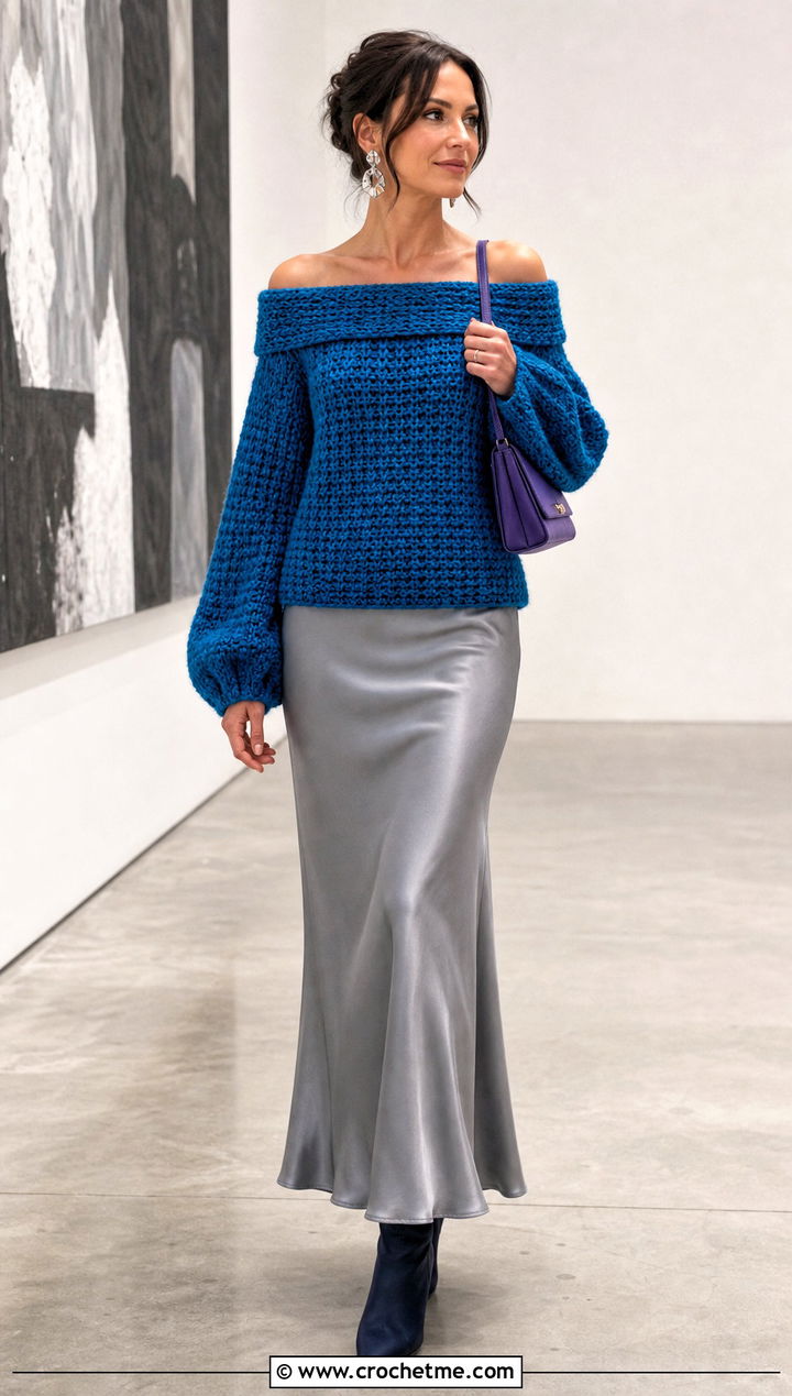 Off Shoulder Thick Yarn Crochet Sweater With Maxi Skirt - 25 thick yarn crochet sweater outfit ideas