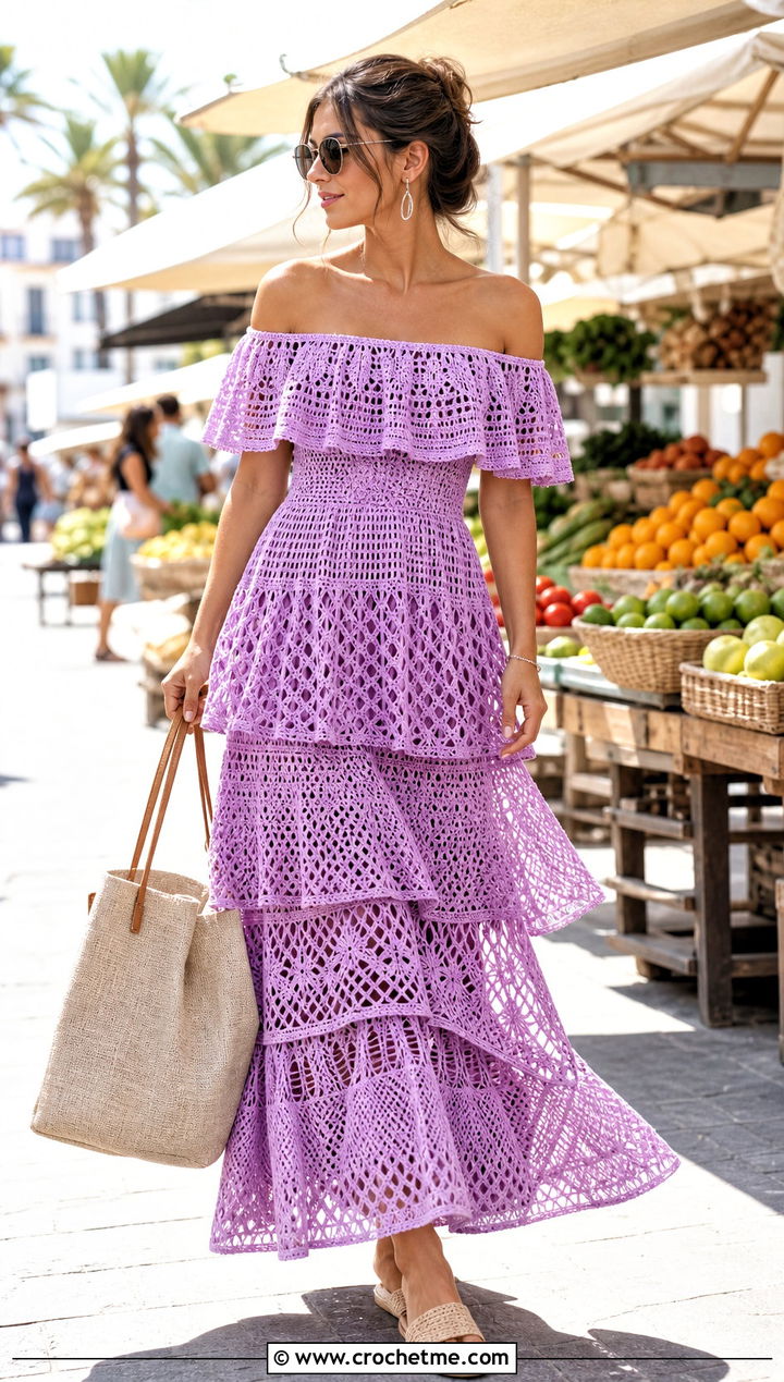 Off Shoulder Tiered Crochet Dress With Woven Slides - 25 Off Shoulder Crochet Dress outfit ideas