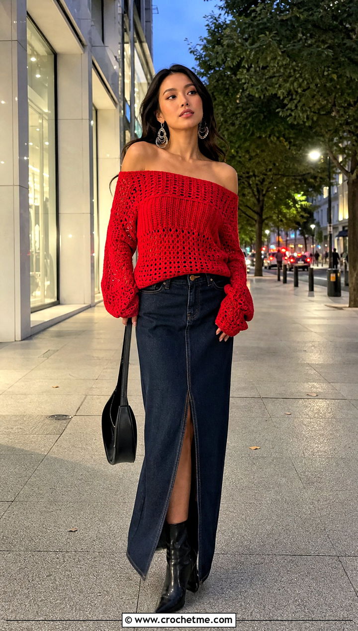 Off Shoulder Triple Crochet Sweater With Denim Maxi Skirt - 20 Triple Crochet Sweater outfit ideas