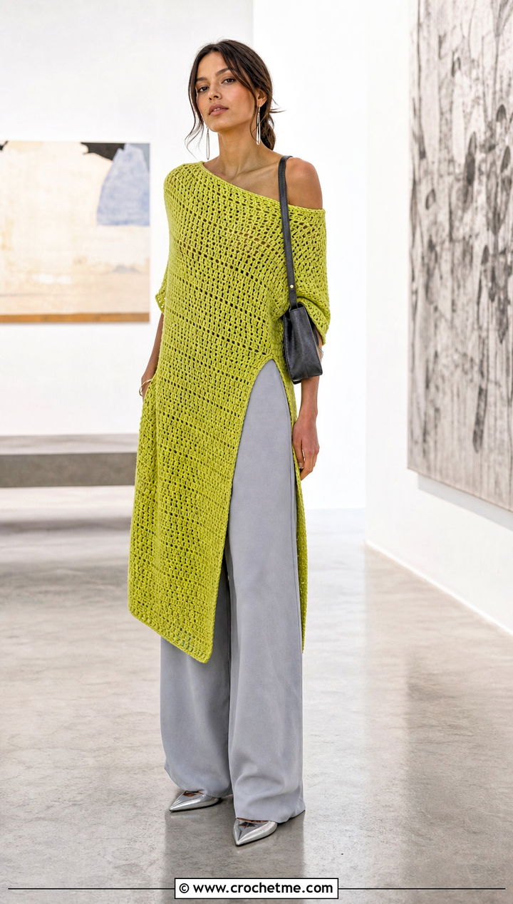 Off Shoulder Tunic Crochet Dress With Wide Leg Pants - 25 Off Shoulder Crochet Dress outfit ideas