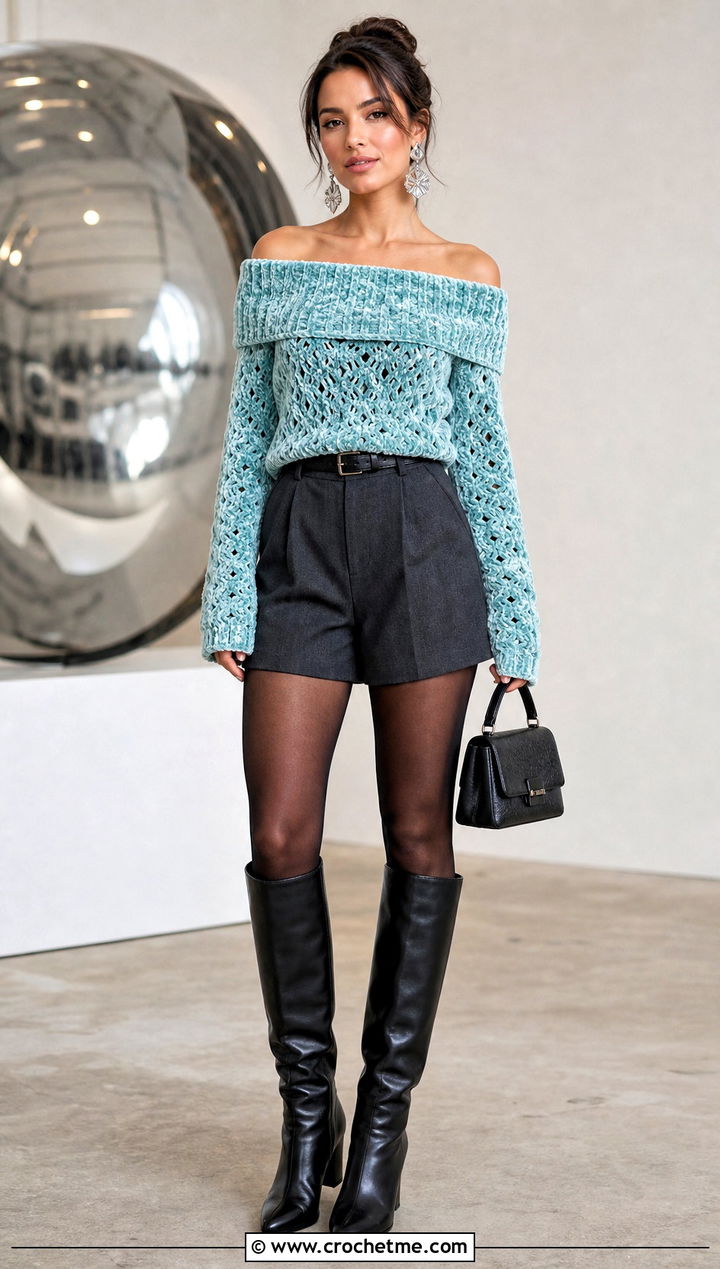 Off Shoulder Velvet Crochet Sweater With Tailored Shorts - 30 velvet crochet sweater outfit ideas