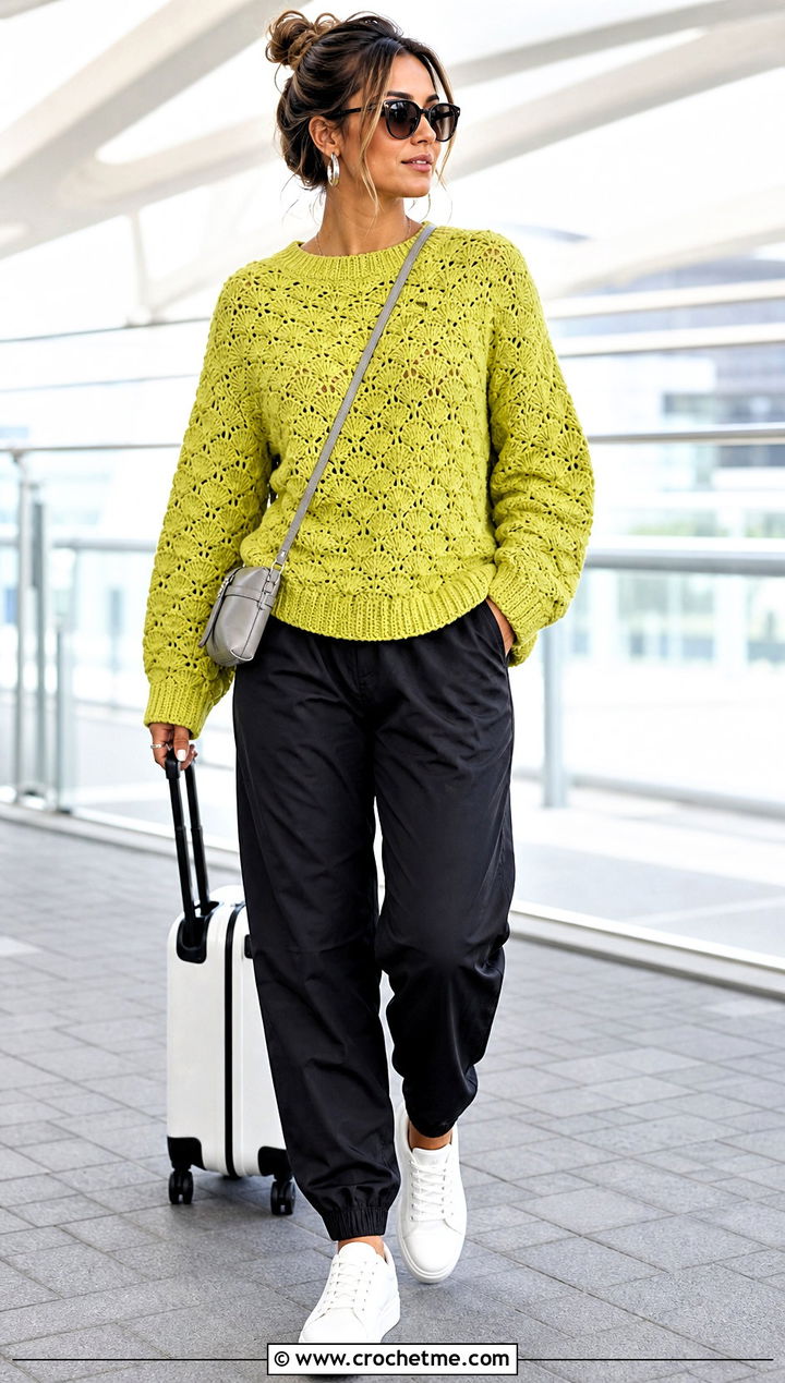 Offset Shell Stitch Crochet Sweater With Parachute Pants - 25 Shell Stitch Crochet Sweater outfit ideas