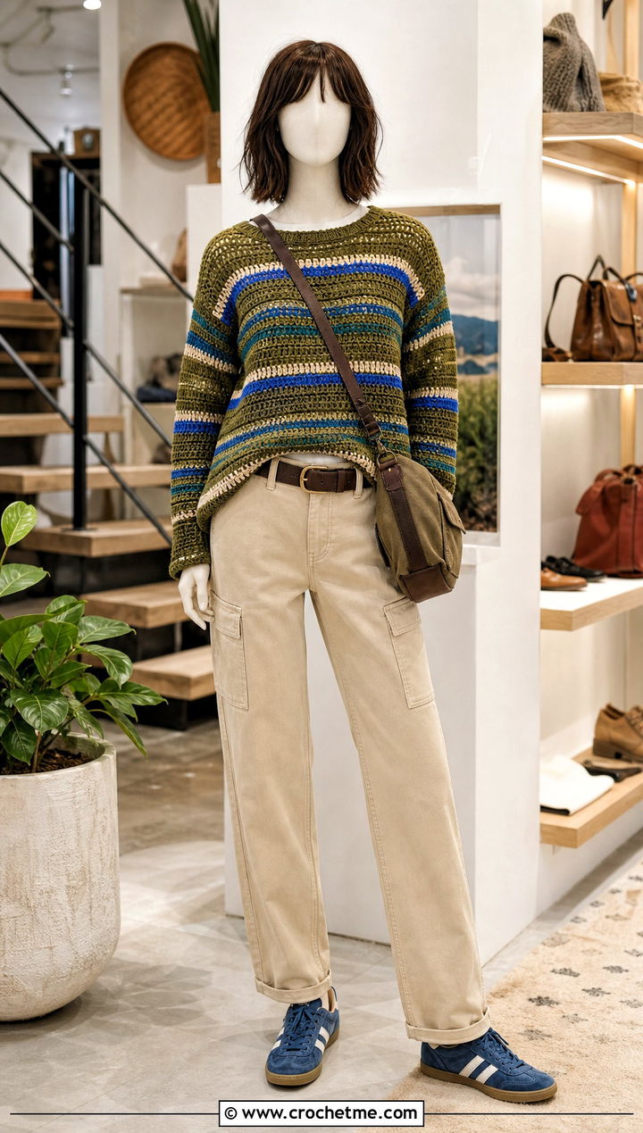 Olive Striped Crochet Sweater With Utility Pants - 15 Green Crochet Sweater On Mannequin outfit ideas